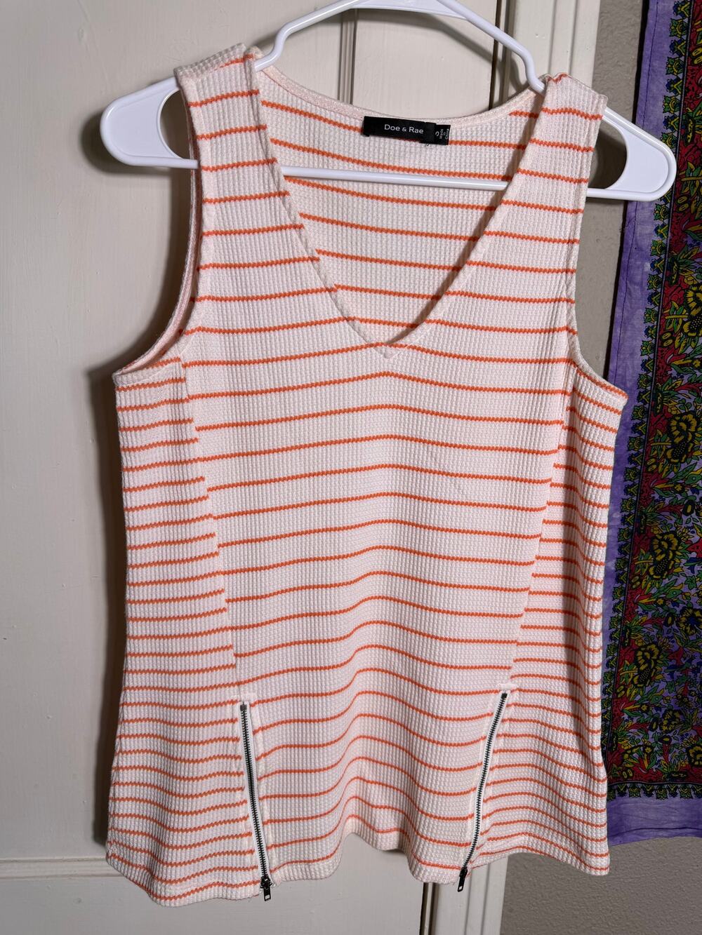 Doe & Rae Striped Tank Top Orange Cream Ribbed Knit Zip Detail V Neck - Small